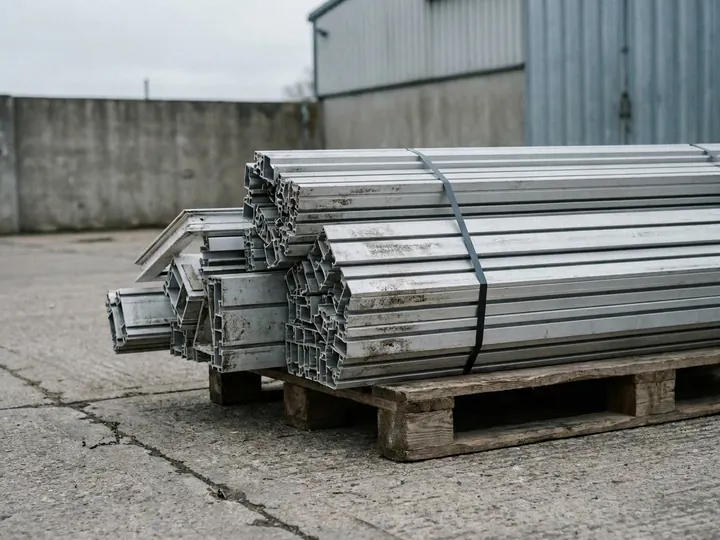 Gebündelte Aluminiumprofile und Fensterrahmenreste, mit Band verschnürt, auf einer Holzpalette auf einem betonierten Hof