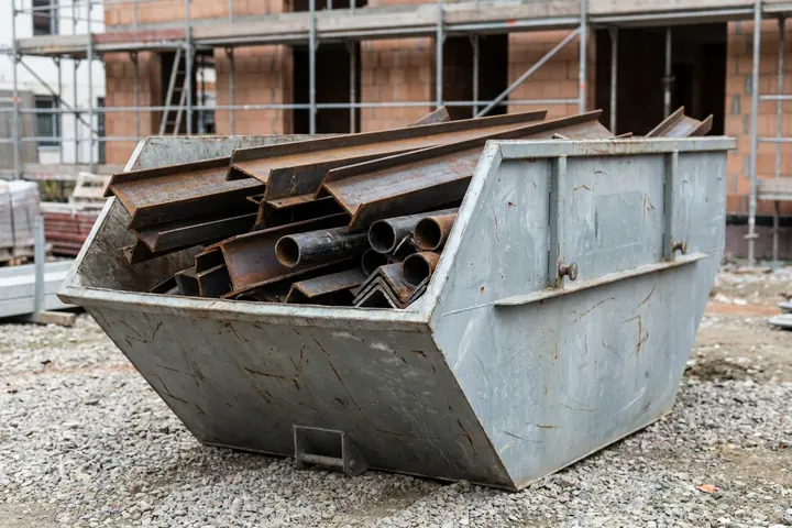 Grauer Absetzcontainer auf einer Baustelle, beladen mit rostigen Stahlträgern, Winkeleisen und Stahlrohren